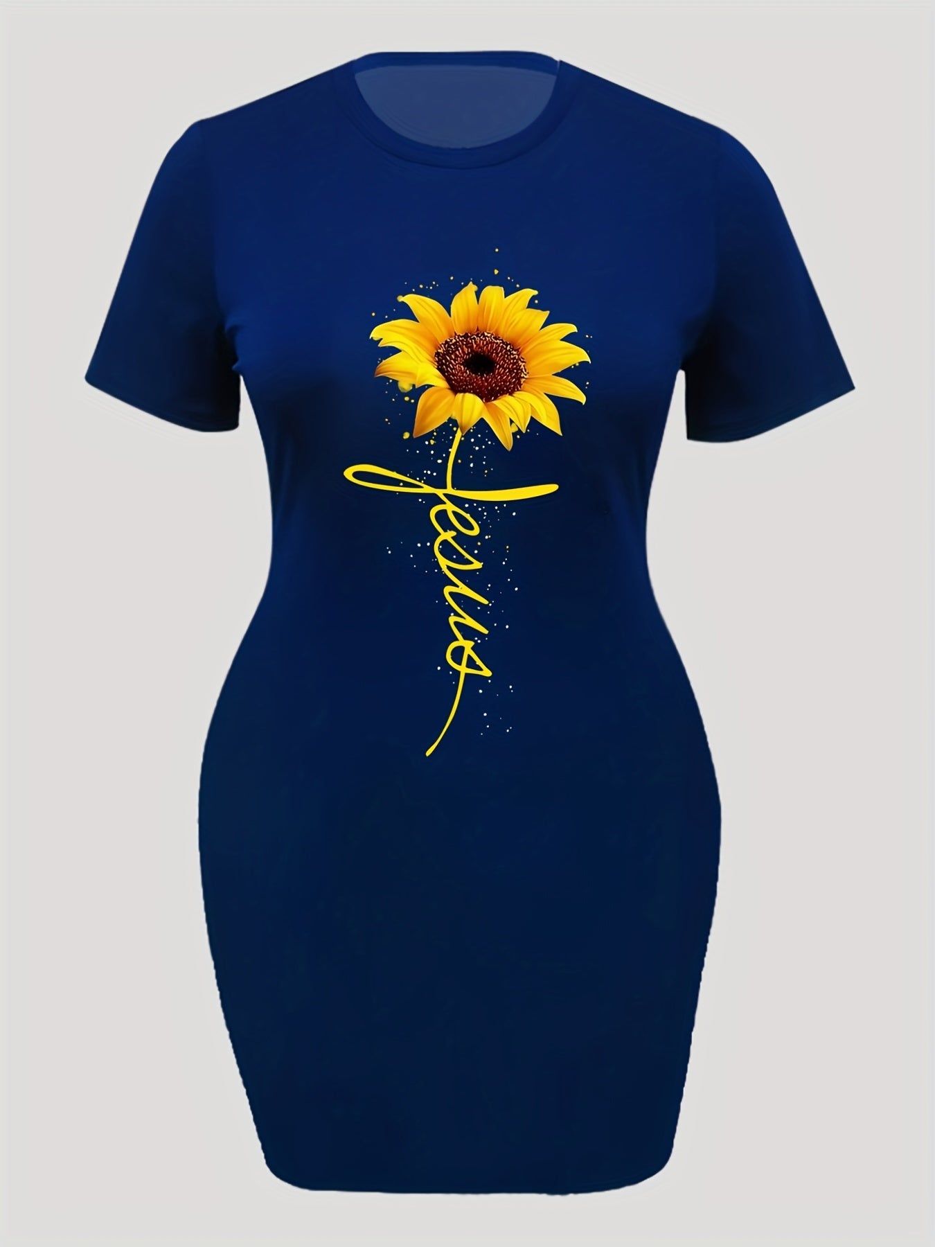 Women's Plus Sunflower & Letter Print Short Sleeve Round Neck Dress
