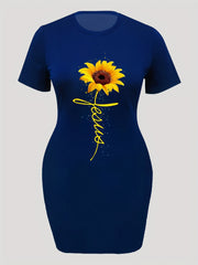 Women's Plus Sunflower & Letter Print Short Sleeve Round Neck Dress
