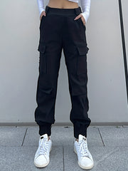 Women's Cargo Pants with Solid Flap Pockets - Elastic Waist