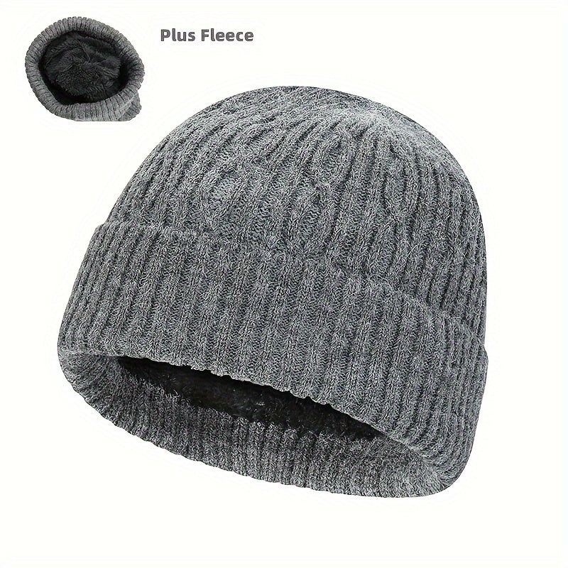 Knitted Cap With Fleece Lining Winter Beanie Hat
