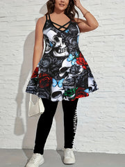 Floral Skull Print Split Strap Criss Cross Back A-line Dress