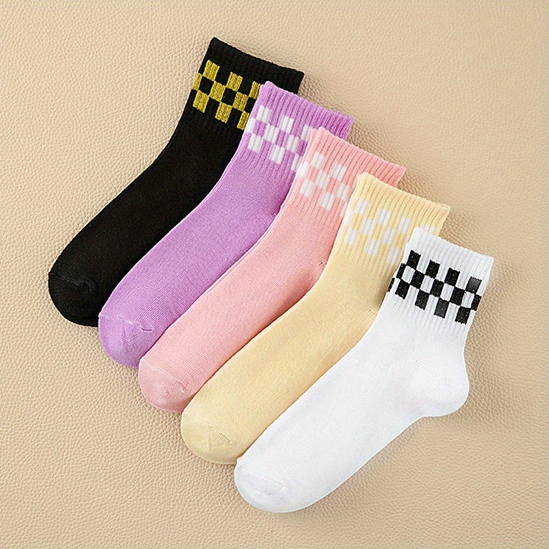 5 Pairs Checkered Pattern Socks Breathable & Comfy Mid Tube Stockings