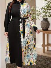 Boho Dress Women's Plus Colorblock Floral Print Maxi Shirt Dress
