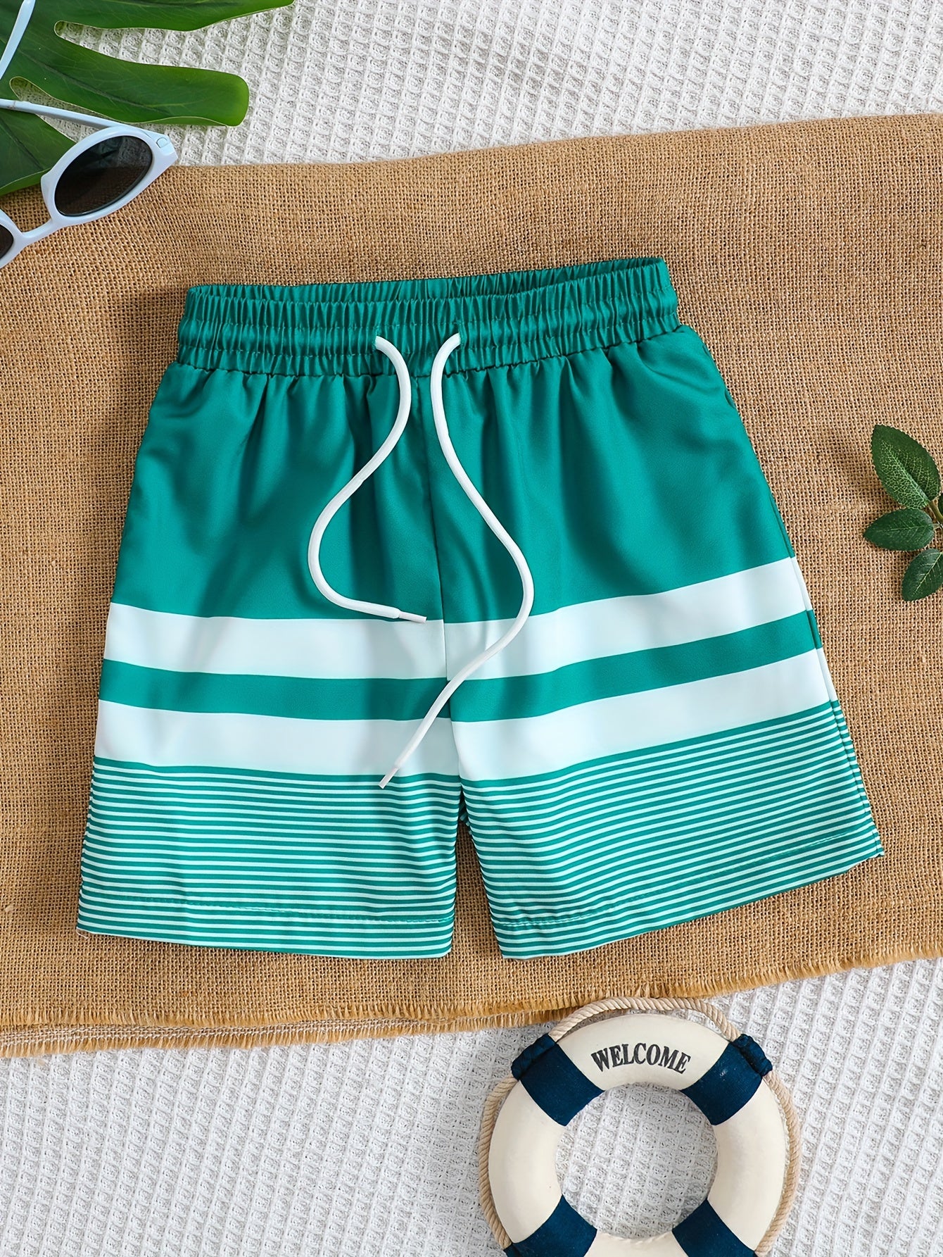 Boys Beach Pants Strip Print Drawstring Elastic Waist Swim Trunks