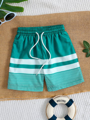 Boys Beach Pants Strip Print Drawstring Elastic Waist Swim Trunks