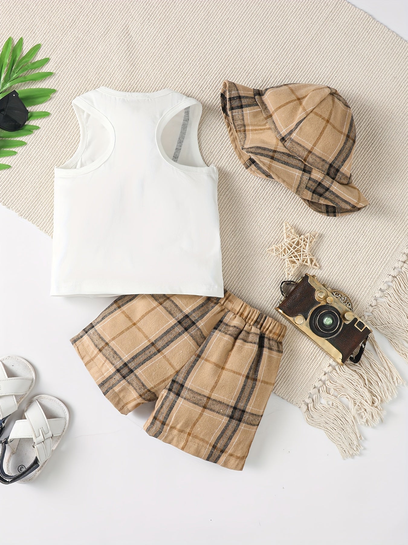3pc Baby Boys Camera Print Tank Top Plaid Shorts Fisherman Hat Set