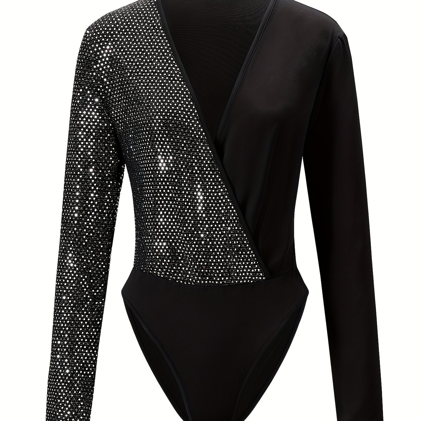 Sequined Surplice Neck Bodysuit Long Sleeve Slim Fit