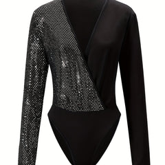 Sequined Surplice Neck Bodysuit Long Sleeve Slim Fit