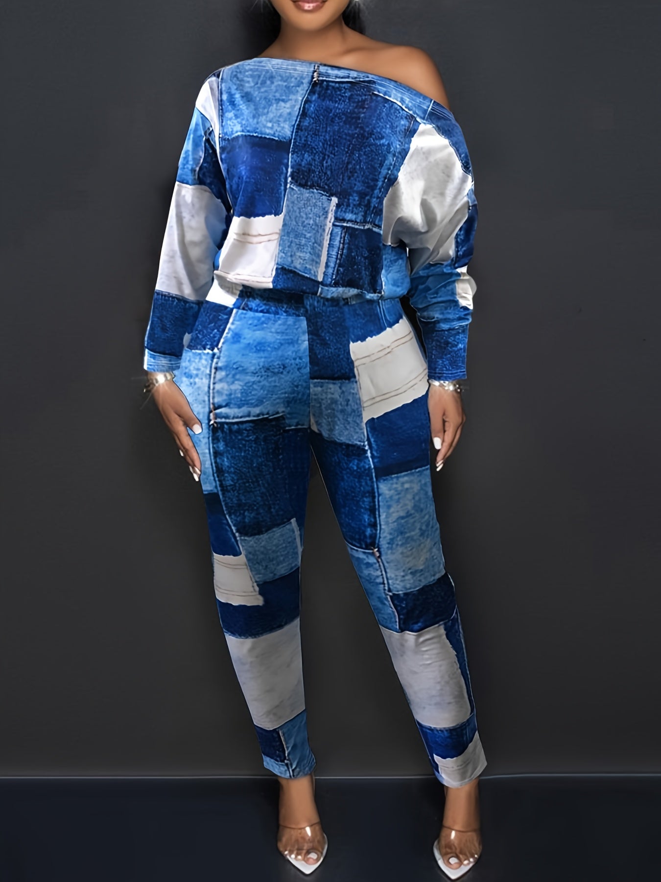Denim Print One Shoulder Top & Leggings Set