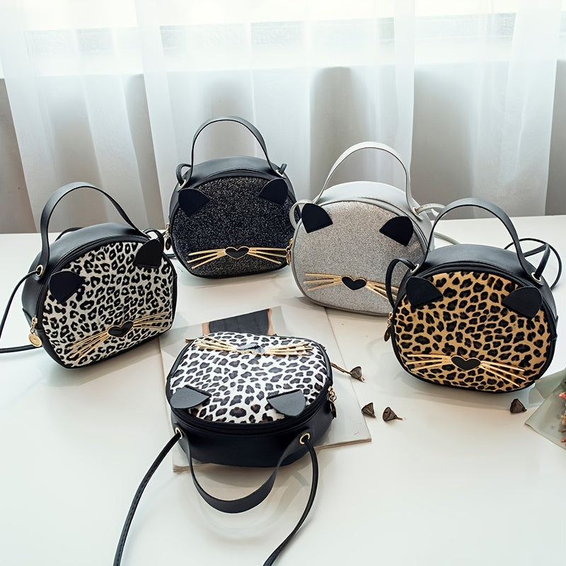 Girls Casual Cartoon Sequin Leopard Print Cat Messenger Bag