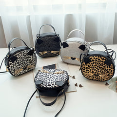 Girls Casual Cartoon Sequin Leopard Print Cat Messenger Bag