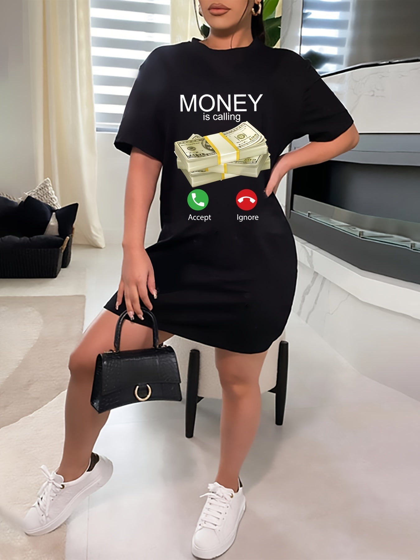 Letter & Graphic Print Short Sleeve Tee Dress Women's Plus