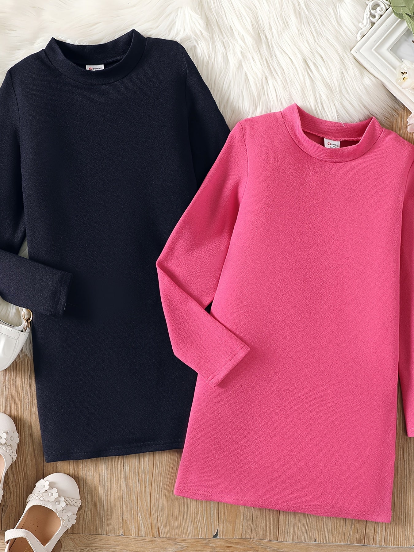 Kid Girl Solid Stand Collar Long Sleeve Knit Dress
