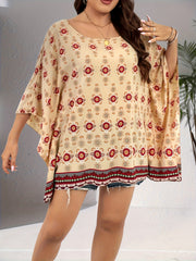Boho Blouse Women's Plus Floral Print Bat Sleeve Round Neck Cover Up