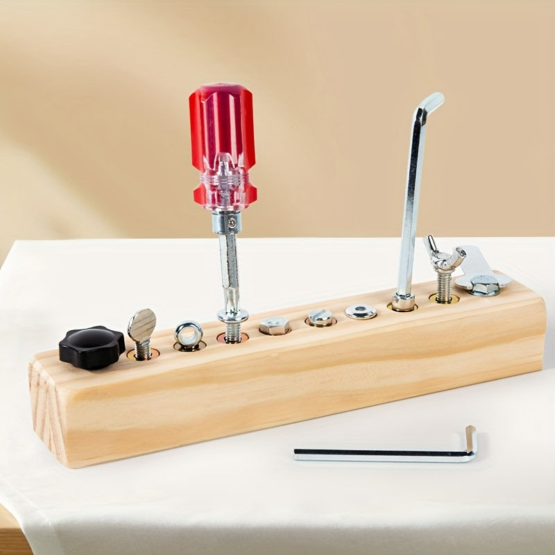 Wooden 10 Hole Screw Busy Board for Toddlers with Colorful Screws & Tools
