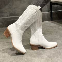Women's Chunky Heeled Western Boots Embroidered Cowgirl Boots