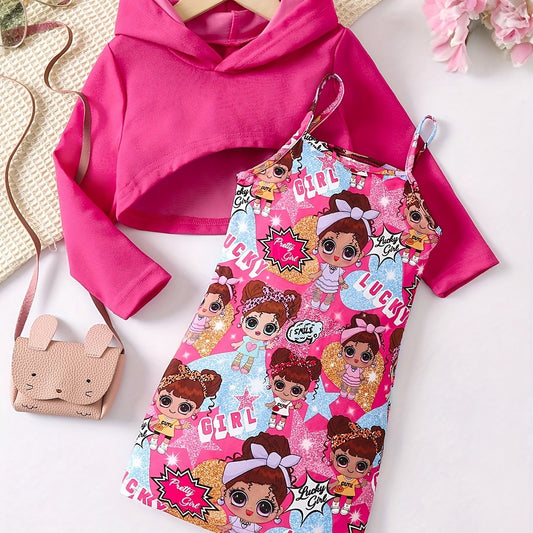 Y2K Style Crop Hoodie & Sundress Set Anime Girl Pattern Outfits
