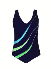 Stripe Print V Neck One Piece Swimsuit