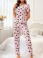 Heart Print Pajama Set Short Sleeve Top & Lounge Pants Women's Sleepwear