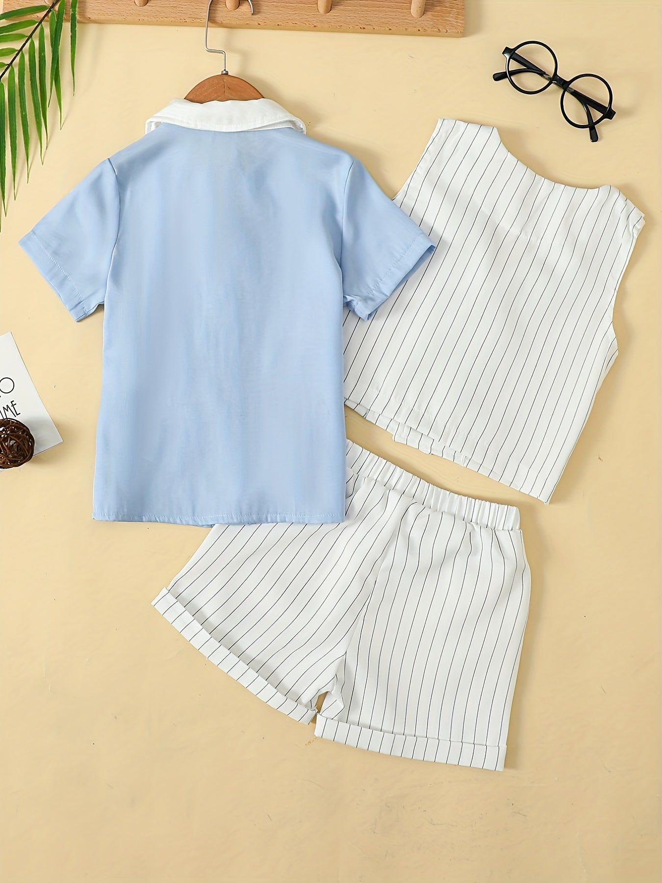 Boys Striped Outfit Short Sleeves Shirt & Vest & Shorts Set