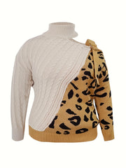 Colorblock Leopard Print Sweater with Cut Out Buckle High Neck