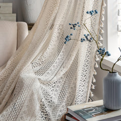 Bohemian Sheer Curtain with Hollow Trim and Tassel - Home Decor
