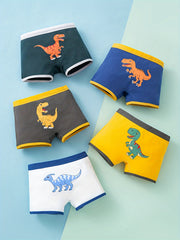 5pcs Boy's Cotton Boxer Briefs Dinosaurs Print Elastic Waist Shorts