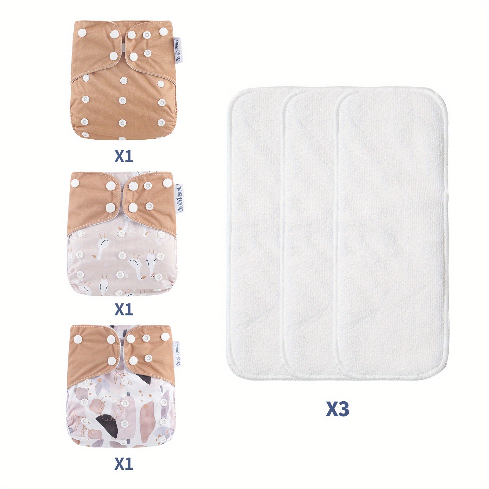 3pcs Eco-friendly Washable Baby Cloth Diaper Set with Inserts