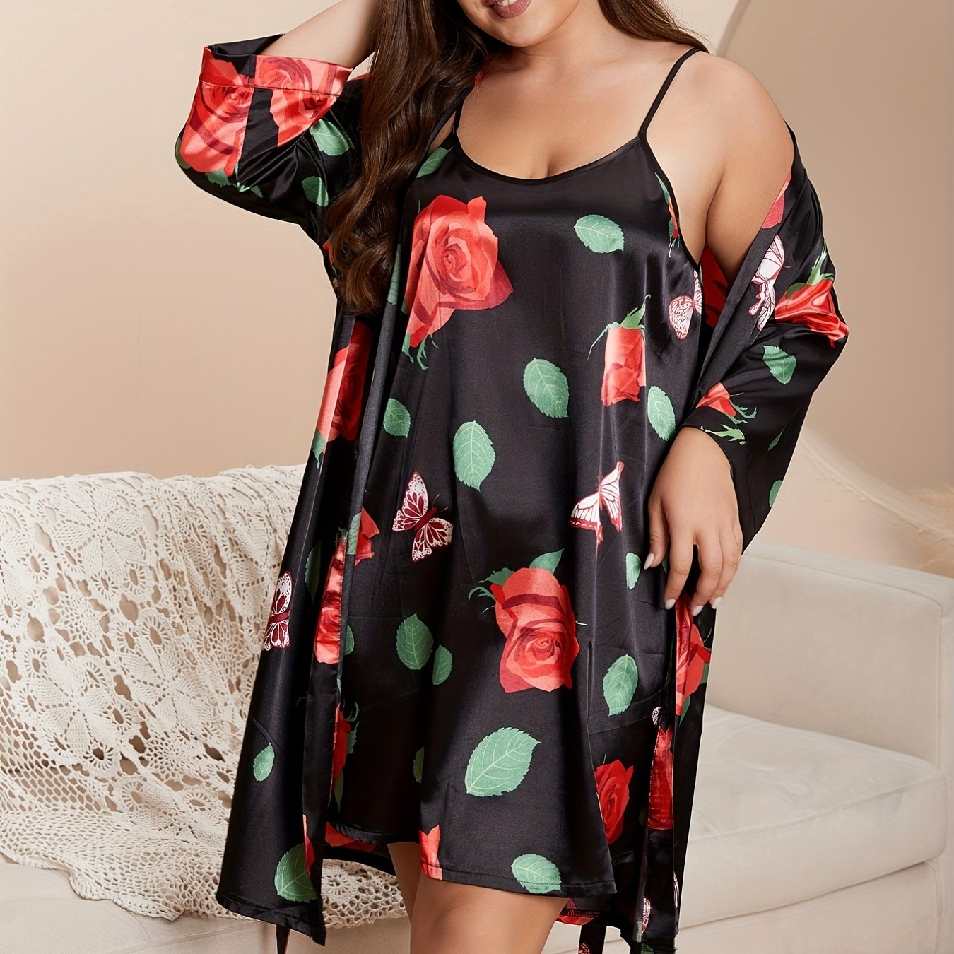 Rose & Butterfly Print Cami Nightdress & Robe Set
