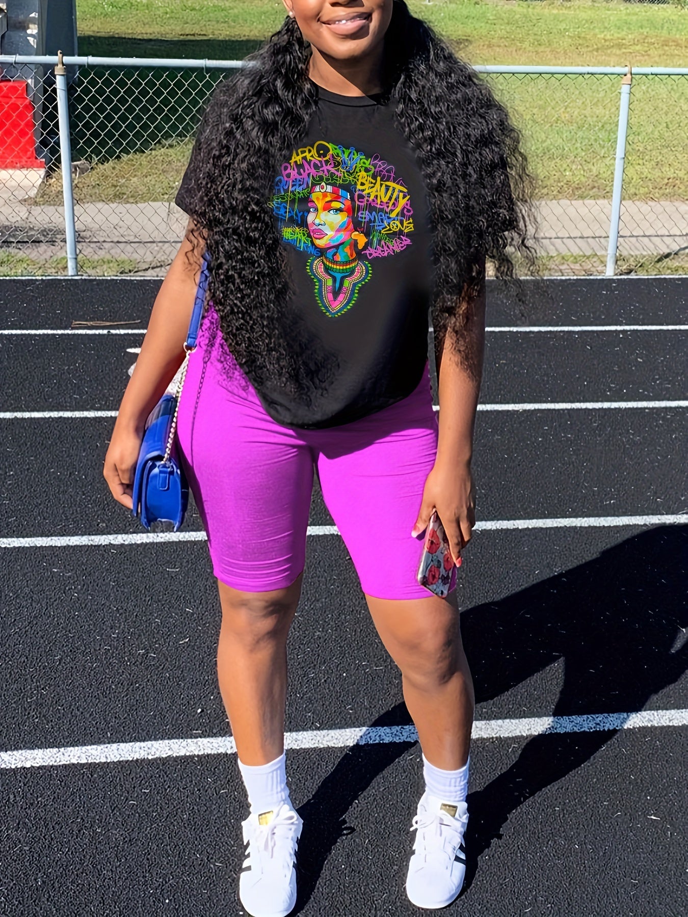 Print Matching Two piece Set Short Sleeve T shirt & Solid Leggings