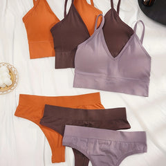 Solid Ribbed Bra & Panties Set Stretch Wireless Bra & Thong Lingerie