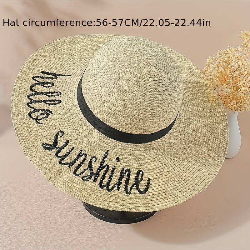 Sunshine Embroidery Sun Hat Wide Brim Floppy Khaki Straw Hat