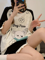 Cartoon Print Pajama Set Short Sleeve Crew Neck Top & Ruffle Shorts