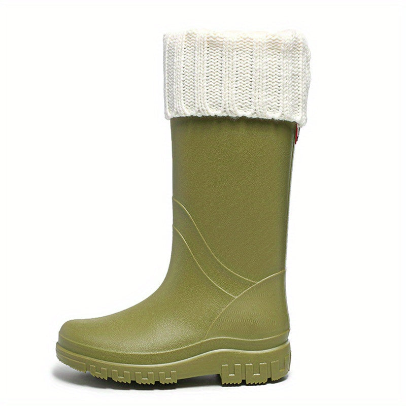 Women's Fleece Liner Rain Boots Slip on Waterproof Mid Calf Boots