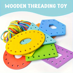 Educational Wooden Threading Toy Set Geometric Shape Colorful Lacing Boards