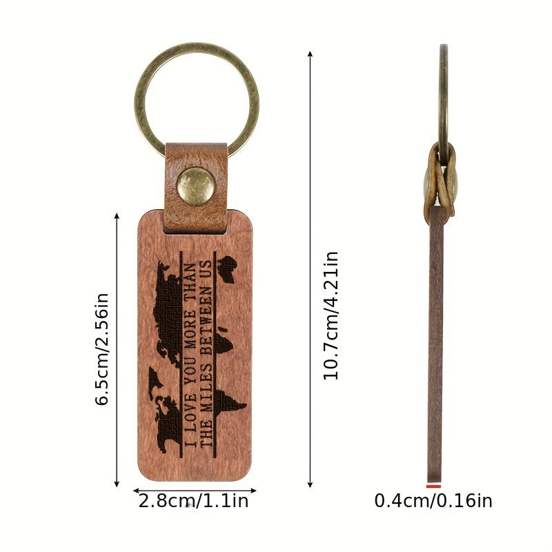 Rosewood Pure Wood Keychain Map Pattern PU Leather Retro Keyring