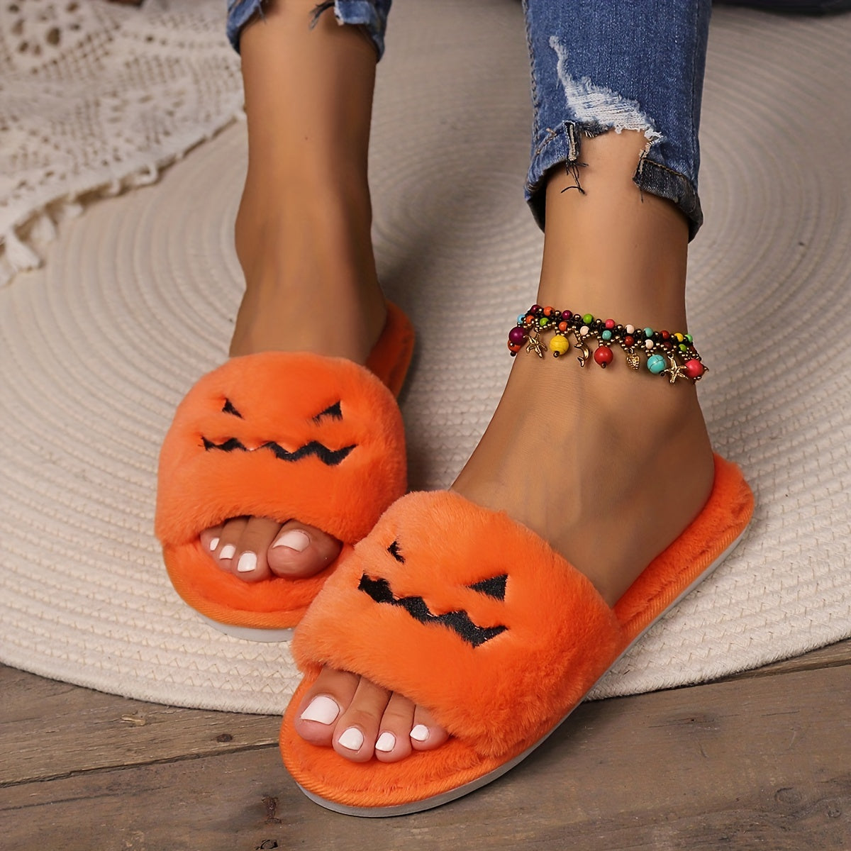 Women's Pumpkin Grimace Pattern Slippers Halloween Indoor Shoes