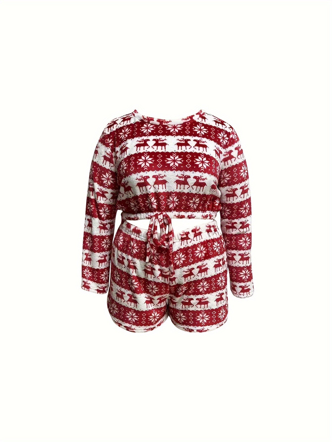Women's Plus Elk & Snowflake Flannel Crop Top & Shorts Pajamas Set