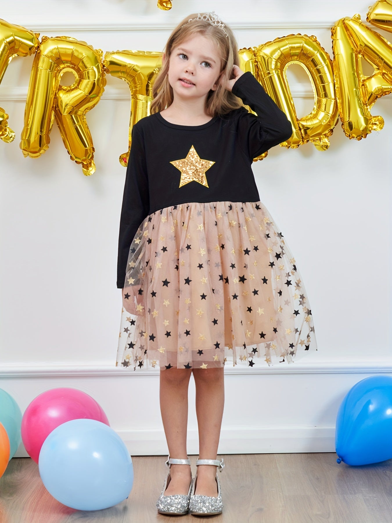 Girls' Mermaid Print Cotton Long Sleeve Tutu Dress Birthday Party Mesh Dress