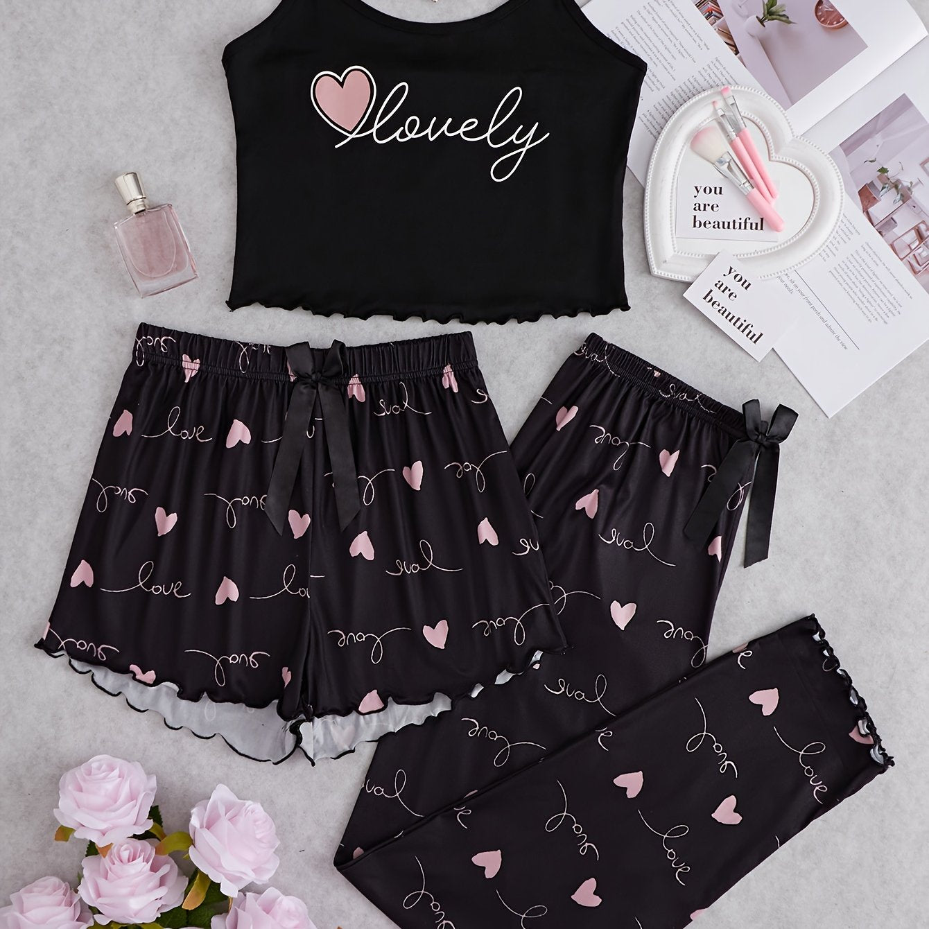 Heart Print Pajama Set Cami Top & Shorts & Pants
