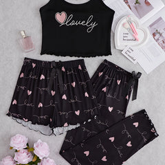 Heart Print Pajama Set Cami Top & Shorts & Pants