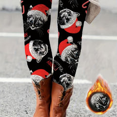 Christmas Cat Print Fleece Leggings