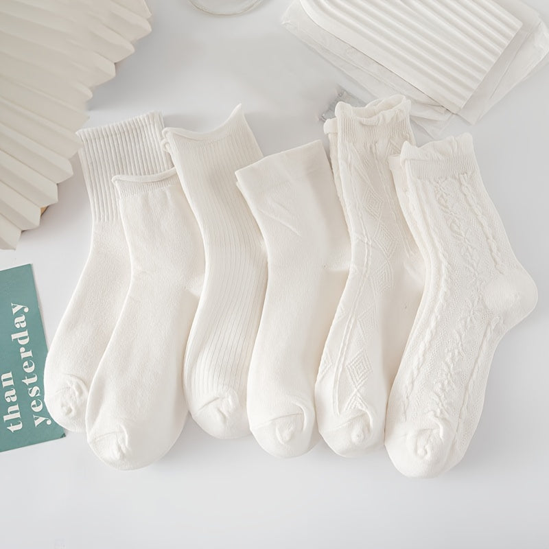 6 Pairs Teenager's Solid Knitted Socks Soft Crew Socks For Outdoor