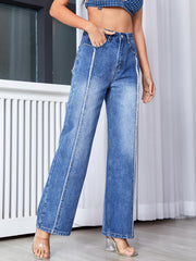 Frayed Patch Pocket Straight Leg Jeans Medium Wash High Rise Casual Denim Pants