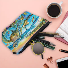 Ocean Dolphin Sea Turtle Print Cosmetic Bag Zipper Makeup Pouch Toiletry Bag