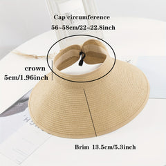 Women's Roll Up Straw Beach Sun Visor Hat Wide Brim Bowknot Cap
