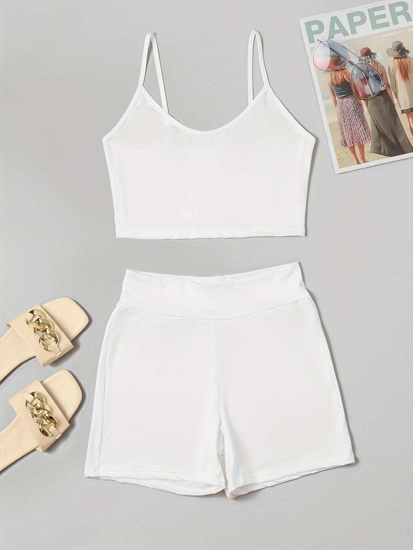 Solid Pajama Set Crew Neck Cami Top & Shorts Women's Sleepwear