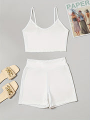 Solid Pajama Set Crew Neck Cami Top & Shorts Women's Sleepwear