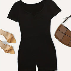 Notched Neck Slim Romper Jumpsuit Short Sleeve Casual