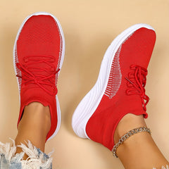 Women's Red Knit Sneakers Lightweight Low Top Lace Up Walking Shoes